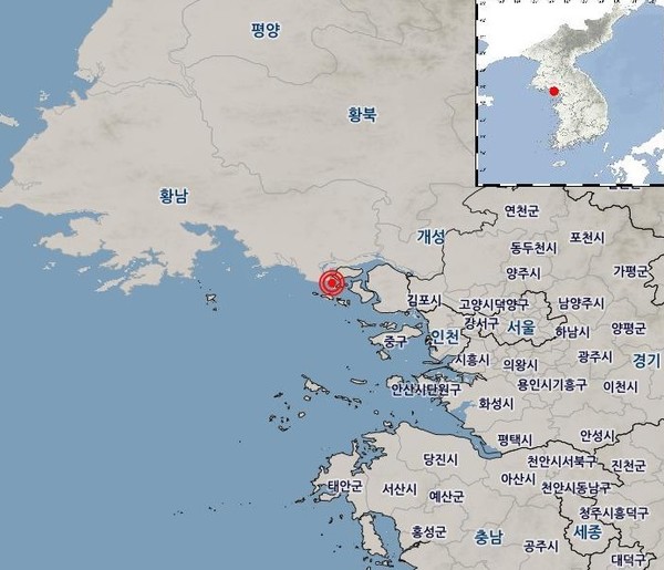 9일 오전 인천 강화군 서쪽 약 26㎞ 해역에서 발생한 규모 4.0의 지진 발생 위치도. (사진=기상청 홈페이지)