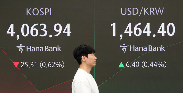 ▲ 18일 오전 서울 중구 하나은행 딜링룸 전광판에 지수가 표시 되고 있다. 사진=뉴시스